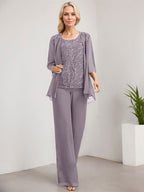 Zweiteiliger Jumpsuit/Hosenanzug, bodenlanges Chiffon-Kleid mit Spitze und Pailletten für die Mutter der Braut