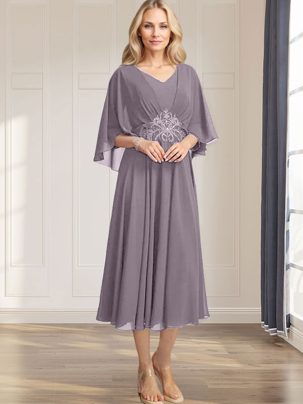 A-Linien-Kleid aus Chiffon mit V-Ausschnitt, Teelänge, plissierten Paillettenapplikationen und Perlenstickerei für die Mutter der Braut 