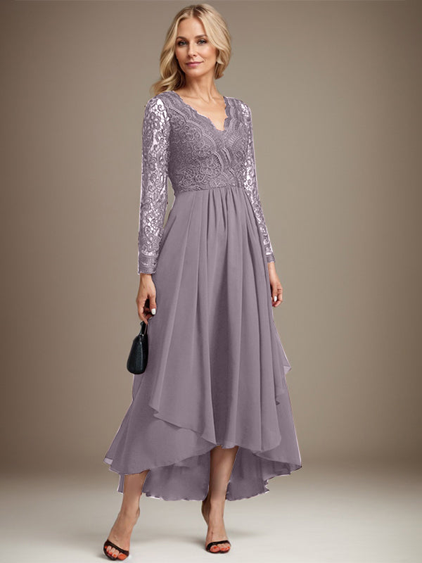 A-Linien-Kleid aus Chiffon mit V-Ausschnitt und asymmetrischer Spitze für die Mutter der Braut