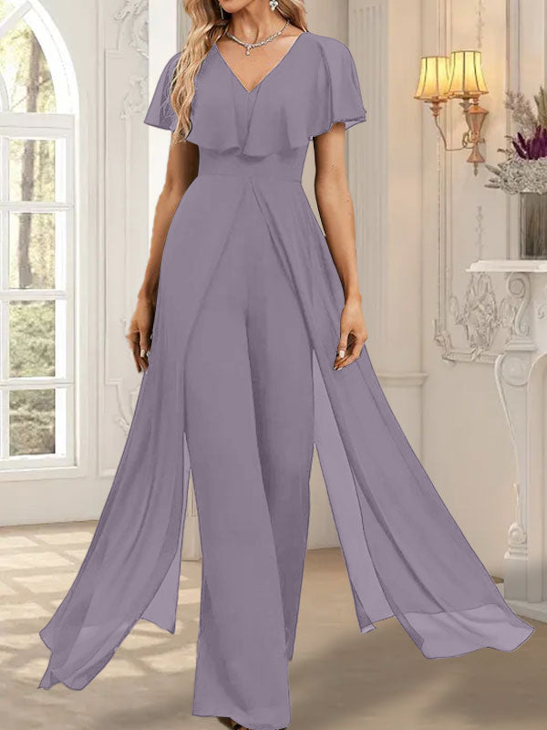 Jumpsuit/Hosenanzug, bodenlanges Chiffon-Abendkleid mit V-Ausschnitt