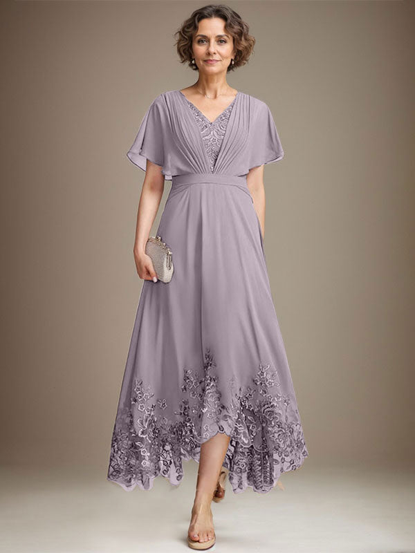 Vestido de madre de la novia de gasa con encaje asimétrico, escote en V y corte A con pliegues