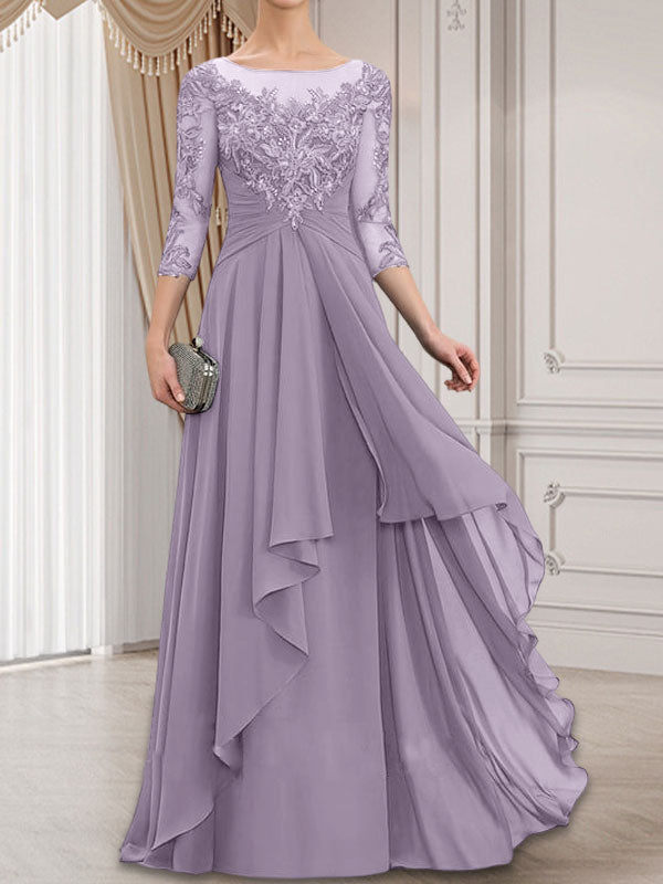 A-Linien-Kleid mit U-Boot-Ausschnitt, Illusion-Effekt, bodenlang, aus Chiffon und Spitze, mit Kaskadenrüschen – perfekt für die Mutter der Braut