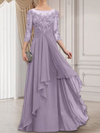 A-Linien-Kleid mit U-Boot-Ausschnitt, Illusion-Effekt, bodenlang, aus Chiffon und Spitze, mit Kaskadenrüschen – perfekt für die Mutter der Braut