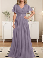 A-Linien-Chiffonkleid mit V-Ausschnitt, bodenlang, für die Mutter der Braut, mit Kristallbrosche und Falten 