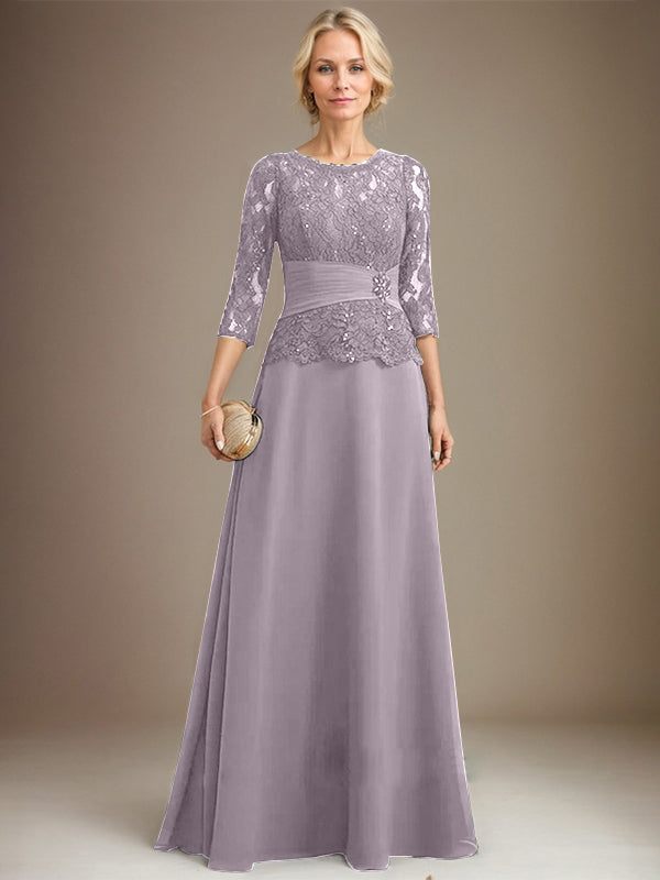 A-Linien-Kleid mit U-Boot-Ausschnitt, Illusion-Detail, bodenlang, aus Chiffonspitze, mit plissierten Pailletten und Perlenstickerei für die Mutter der Braut. 