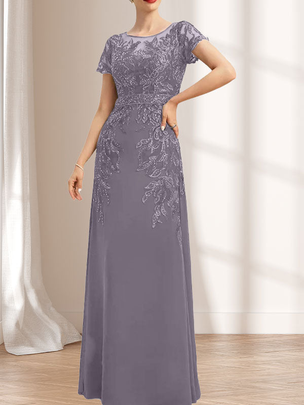 Etuikleid/Säulenkleid mit Illusion-Ausschnitt, bodenlang, aus Chiffon und Spitze mit Pailletten für die Mutter der Braut