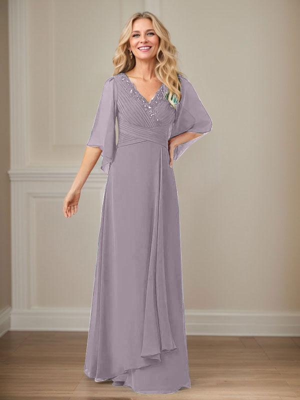 Vestido largo de gasa con lentejuelas y escote en V en forma de A para madre