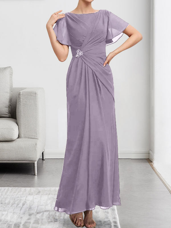 A-Linien-Chiffonkleid mit Rundhalsausschnitt, knöchellang, mit Perlenstickerei und Falten für die Mutter der Braut