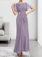 A-Linien-Chiffonkleid mit Rundhalsausschnitt, knöchellang, mit Perlenstickerei und Falten für die Mutter der Braut