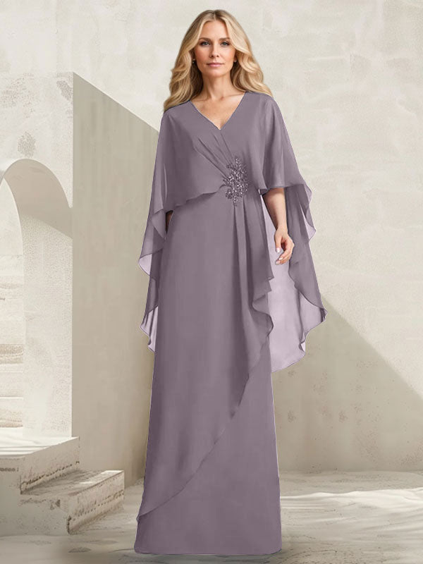 A-Linien-Kleid aus Chiffon mit V-Ausschnitt, bodenlang, mit Kaskadenrüschen und Perlenstickerei für die Mutter der Braut. 