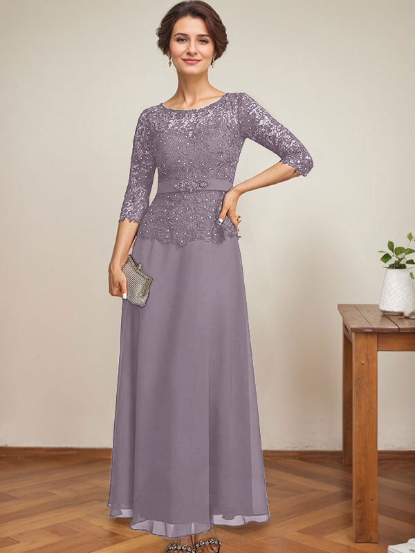 A-Linien-Kleid mit U-Boot-Ausschnitt, Illusion-Detail, knöchellang, aus Chiffon und Spitze mit Strassperlen für die Mutter der Braut. 