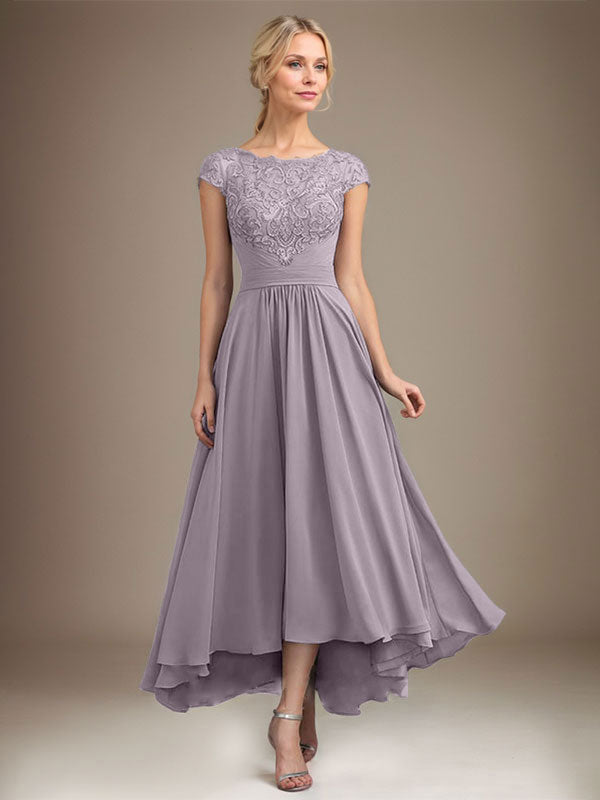A-Linien-Kleid aus Chiffon mit asymmetrischem, plissiertem Spitzeneinsatz und Illusion-Ausschnitt für die Mutter der Braut 