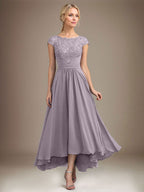 A-Linien-Kleid aus Chiffon mit asymmetrischem, plissiertem Spitzeneinsatz und Illusion-Ausschnitt für die Mutter der Braut 