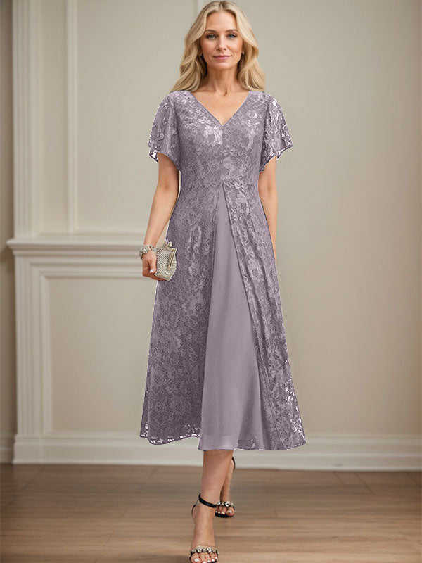A-Linien-Kleid aus Chiffon mit V-Ausschnitt und Teelänge für die Mutter der Braut 