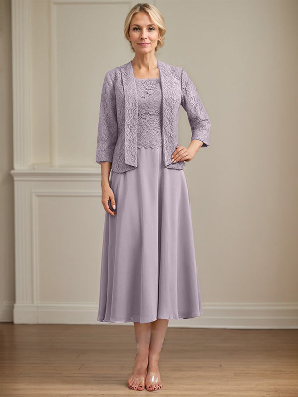 Vestido de gasa con encaje y escote redondo hasta la rodilla para madre de la novia 