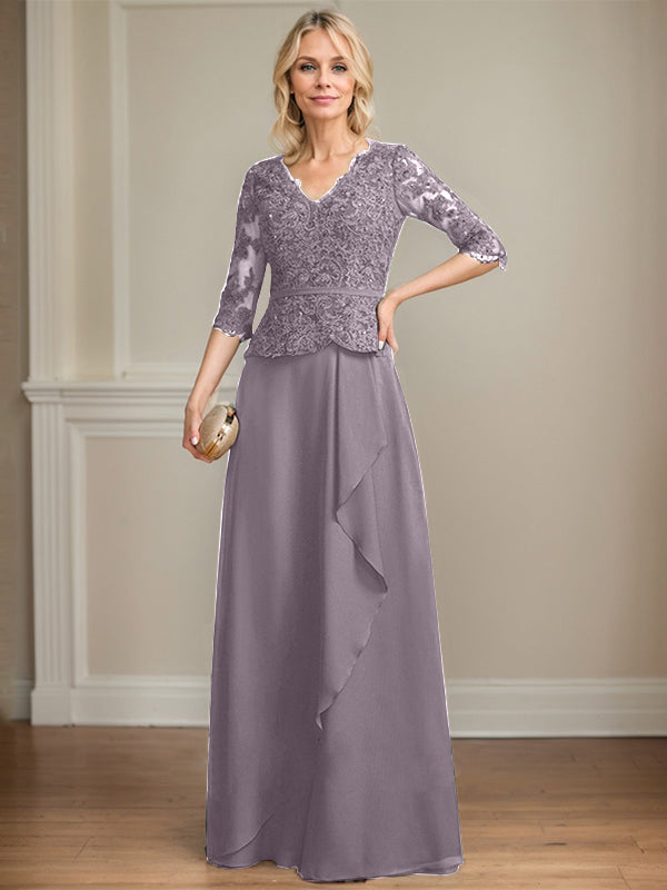 Vestido de gasa con encaje y escote en V hasta el suelo para madre de la novia con volantes en cascada y lentejuelas 