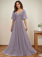 A-Linien-Kleid aus Chiffon mit V-Ausschnitt, bodenlang, mit Paillettenapplikationen, Spitze und Falten für die Mutter der Braut 