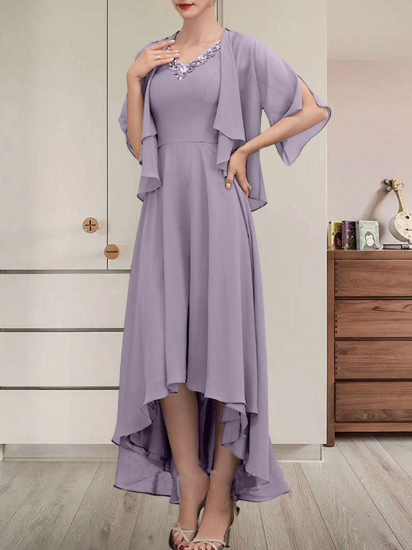 A-Linien-Kleid aus Chiffon mit V-Ausschnitt, asymmetrischem Muster und Perlen- und Paillettenbesatz für die Mutter der Braut