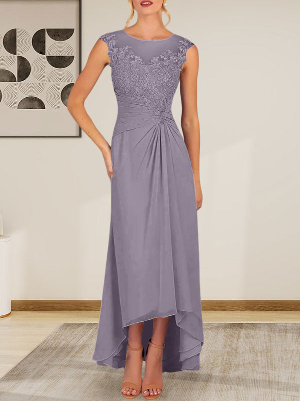 Champagnerfarbenes A-Linien-Chiffonkleid mit Rundhalsausschnitt und Spitze
