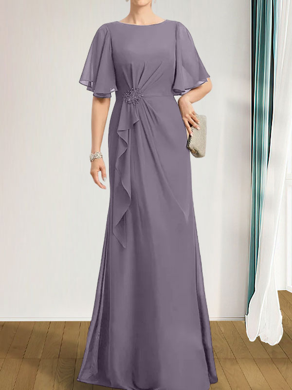 A-Linien-Kleid aus Chiffon in Bodenlänge für die Mutter der Braut mit kaskadenartigen Rüschen, Perlen und Pailletten