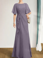A-Linien-Kleid aus Chiffon in Bodenlänge für die Mutter der Braut mit kaskadenartigen Rüschen, Perlen und Pailletten