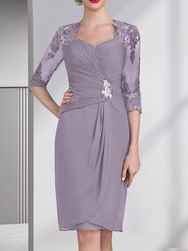 Vestido de gasa para madre de la novia, con escote en forma de corazón, largo hasta la rodilla, con apliques de cuentas, encaje y lentejuelas, plisado.