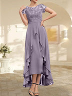 A-Linien-Kleid mit asymmetrischem Chiffon-Spitzenausschnitt, Schleife, Rüschen und Pailletten für die Mutter der Braut 