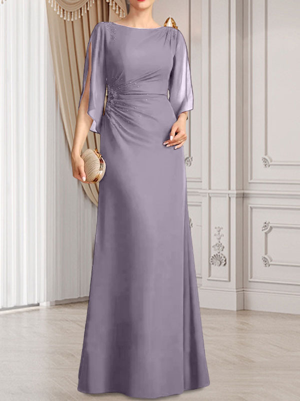 Etui-/Säulen-Chiffonkleid in Bodenlänge für die Mutter der Braut mit plissierter Perlenstickerei