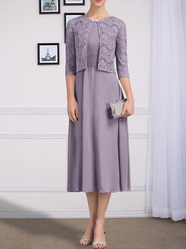 Vestido de gasa para madre de la novia, corte A, escote redondo, largo hasta la rodilla, con pliegues