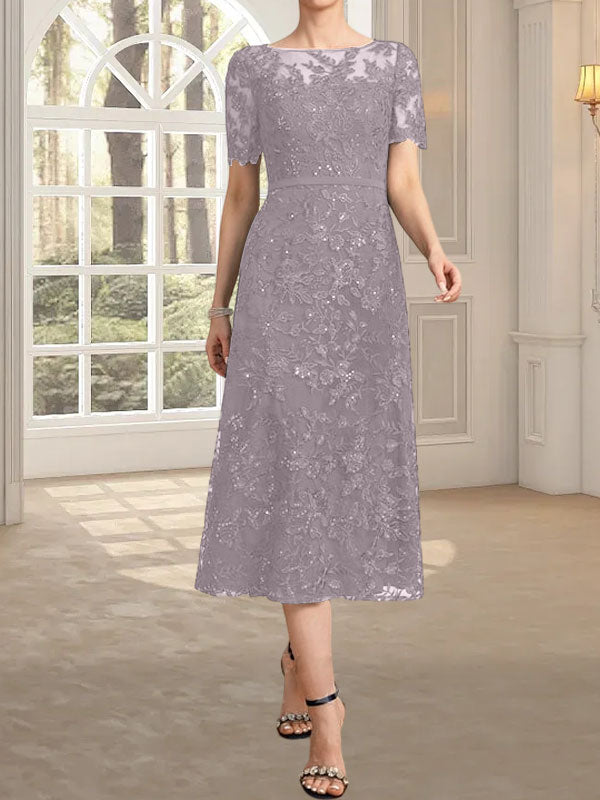 A-Linien-Kleid mit Rundhalsausschnitt, Illusion-Ausschnitt, Teelänge, Spitze und Pailletten für die Mutter der Braut