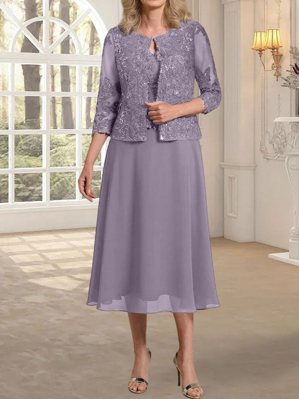 Vestido de gasa con encaje y lentejuelas para madre de la novia, corte A, escote redondo y largo hasta la rodilla 