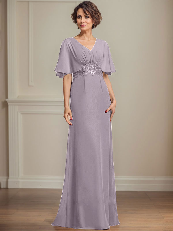 A-Linien-Kleid aus Chiffon mit V-Ausschnitt, bodenlang, für die Mutter der Braut, mit plissierten Paillettenapplikationen und Spitze