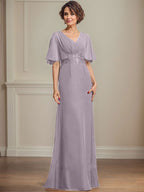A-Linien-Kleid aus Chiffon mit V-Ausschnitt, bodenlang, für die Mutter der Braut, mit plissierten Paillettenapplikationen und Spitze