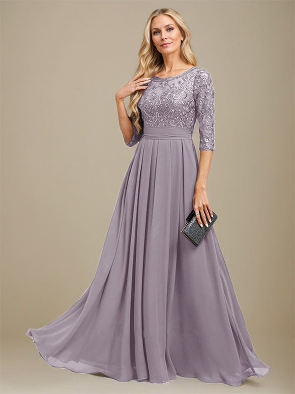 A-Linien-Kleid aus Chiffon mit Paillettenapplikationen und Rundhalsausschnitt, bodenlang, für die Mutter der Braut 