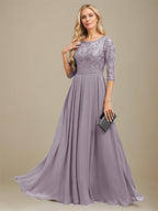 A-Linien-Kleid aus Chiffon mit Paillettenapplikationen und Rundhalsausschnitt, bodenlang, für die Mutter der Braut 