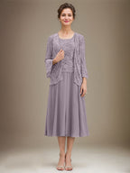 Vestido de gasa con encaje y lentejuelas para madre de la novia, corte A, escote redondo y largo hasta la rodilla 