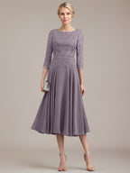 A-Linien-Kleid aus Chiffon mit Rundhalsausschnitt und Teelänge für die Mutter der Braut 