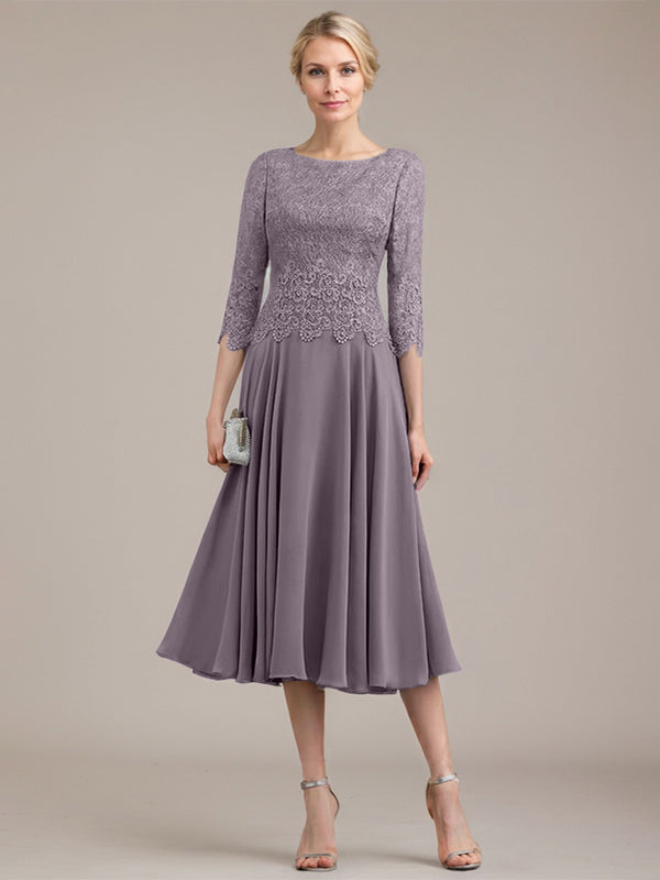 Vestido de gasa con encaje y escote redondo hasta la rodilla para madre de la novia 