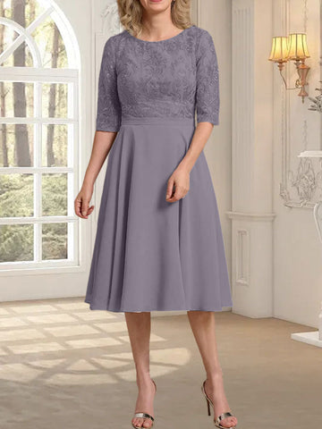 A-Linien-Kleid aus Chiffon mit Rundhalsausschnitt und knielangem Schnitt – das perfekte Kleid für die Mutter der Braut