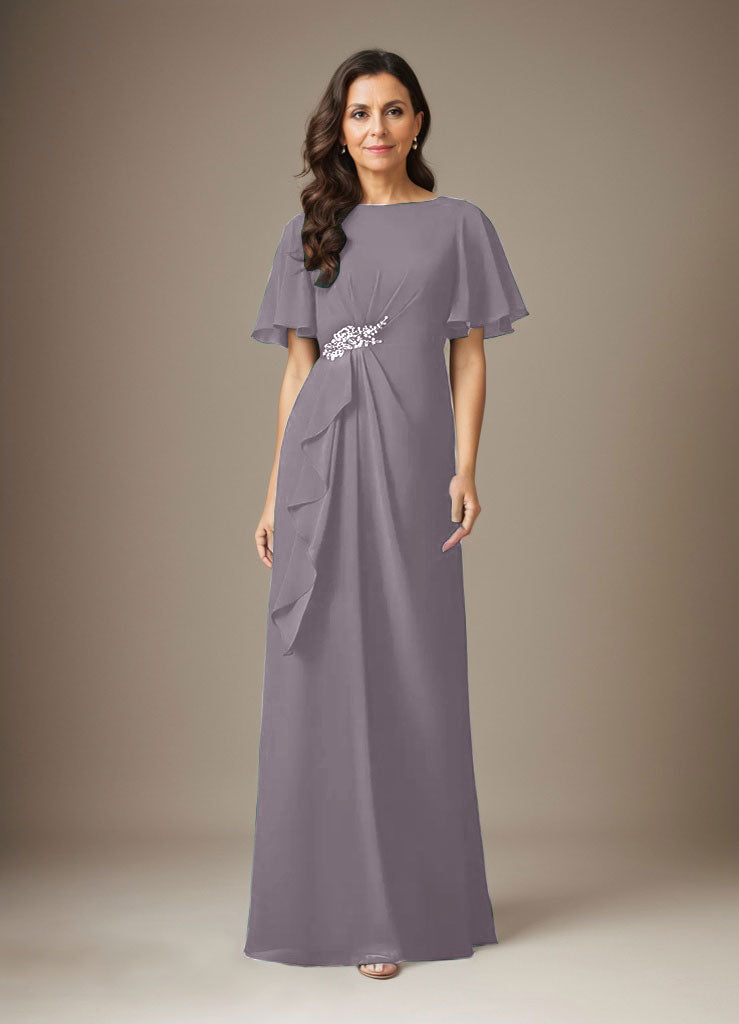 Dunkelblaues Etuikleid aus Chiffon mit Perlenbesatz