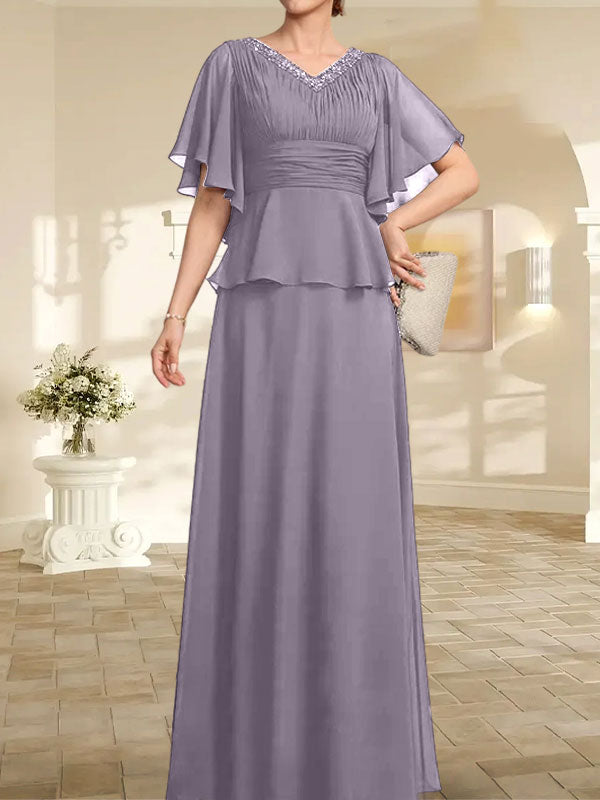 Vestido de gasa para madre de la novia, corte A, escote en V, largo hasta el suelo, con cuentas plisadas