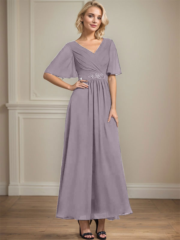 A-Linien-Chiffonkleid mit V-Ausschnitt, Knöchellänge, plissierten Pailletten und Perlenstickerei für die Mutter der Braut