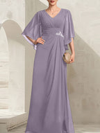 Vestido de gasa para madre de la novia, con escote en V, largo hasta el suelo, con lentejuelas plisadas y abalorios.