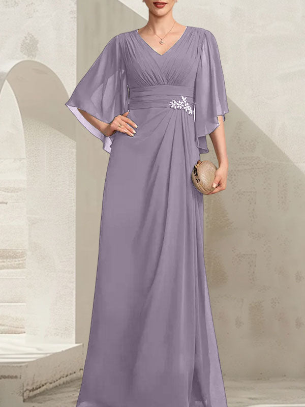 Vestido de gasa para madre de la novia, con escote en V, largo hasta el suelo, con lentejuelas plisadas y abalorios.