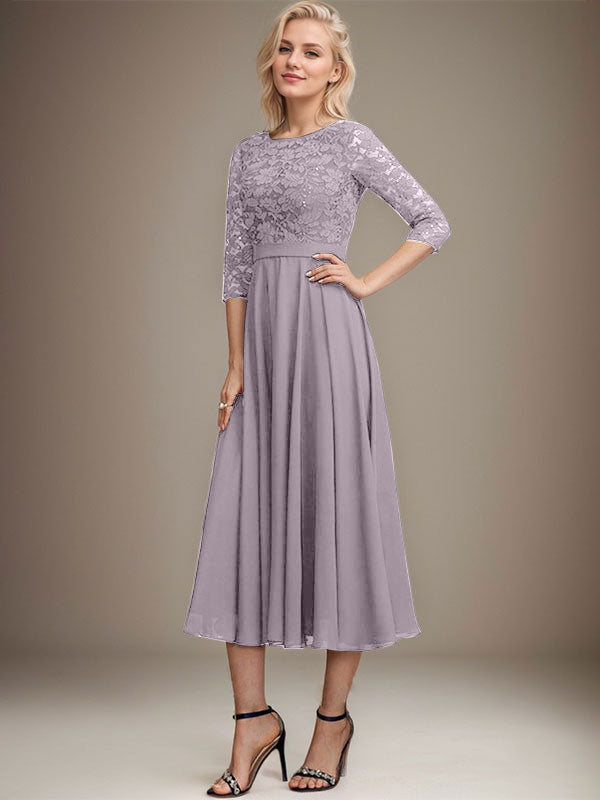 A-Linien-Kleid mit Rundhalsausschnitt, Teelänge, Spitze, Chiffon, Pailletten, für die Mutter der Braut