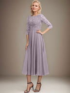 A-Linien-Kleid mit Rundhalsausschnitt, Teelänge, Spitze, Chiffon, Pailletten, für die Mutter der Braut