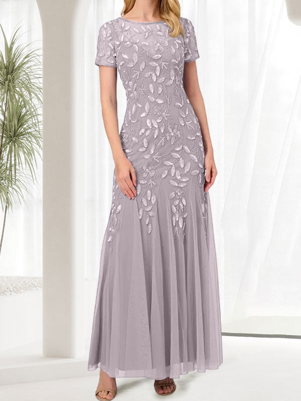 Vestido largo de sirena azul con cuello redondo para madre de la novia con abalorios