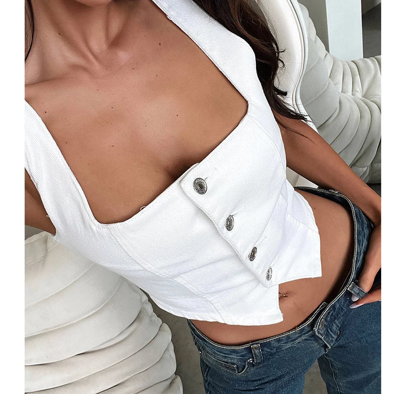 Denim Button Boat Crop Top