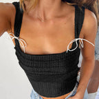 Pleated Bowknot Square Crop Top