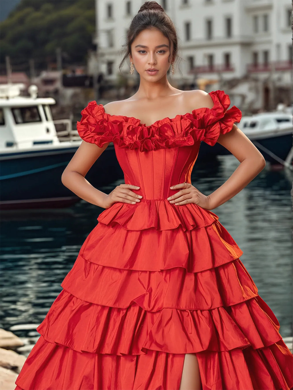 Schulterfreies, gestuftes Ballkleid mit Schlitz